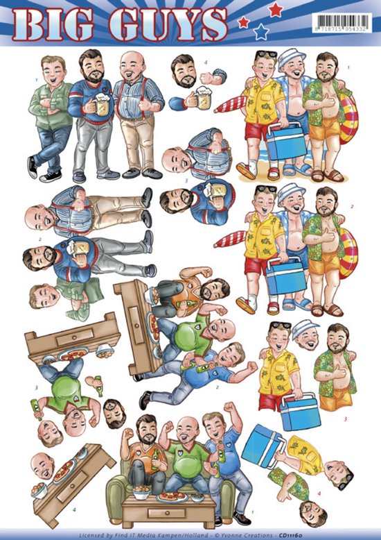 Stansjes van mannen met bier, in verschillende poses, met picknicktafel en koelbox.