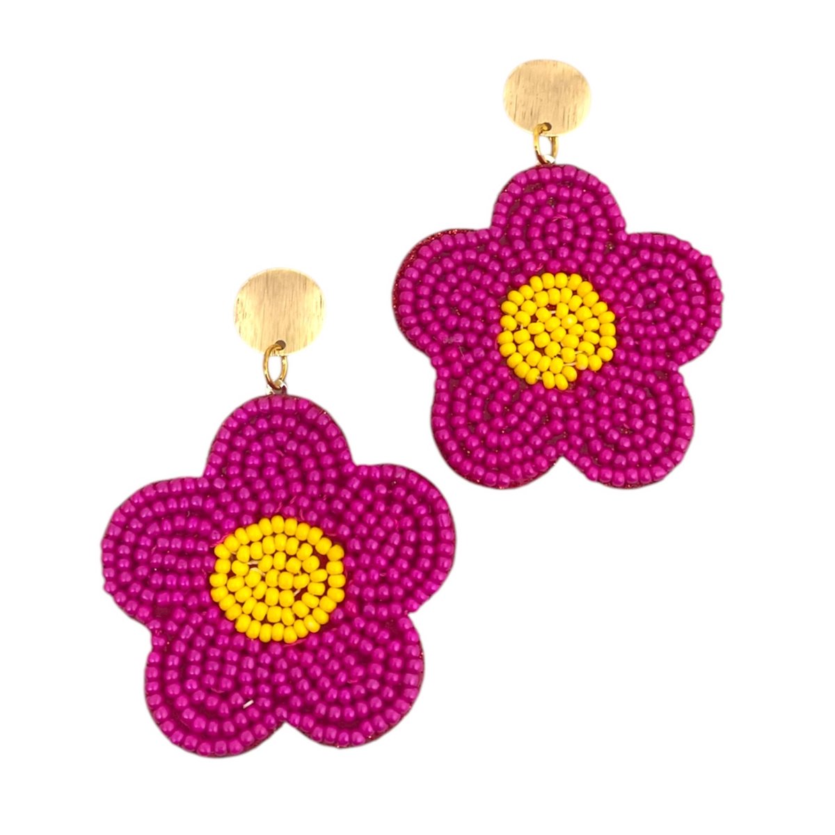 VILLA COCO Bloem Roze - Grote oorbellen - Lichtgewicht - Kralen oorstekers - Gold Plated - Statement oorbellen - Fuchsia Roze