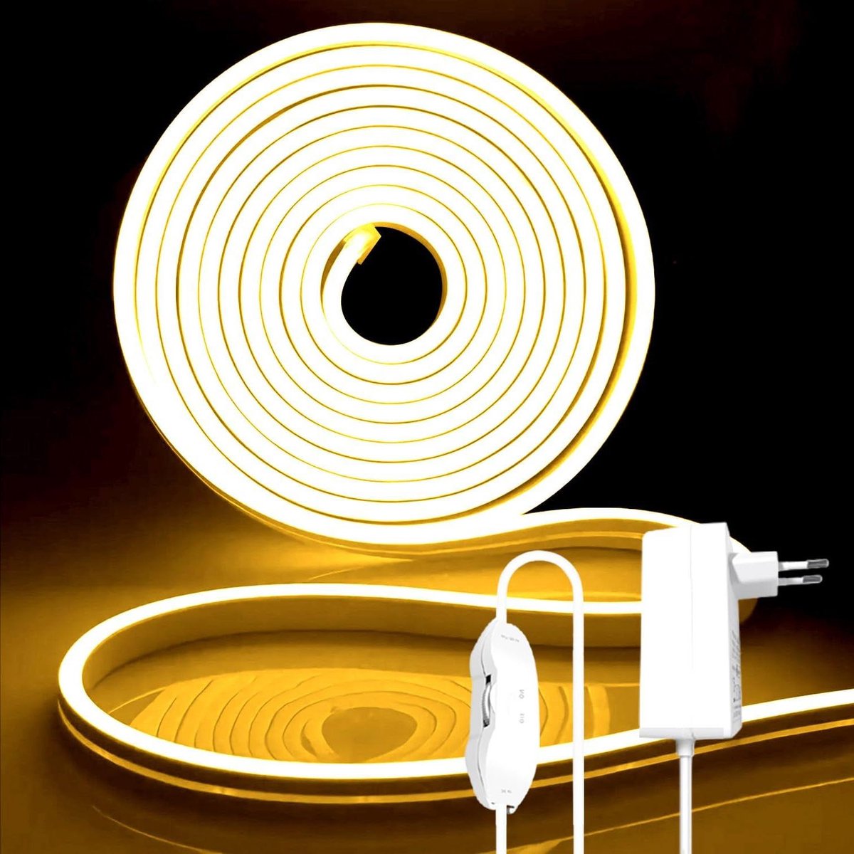 Warm White 5M 12V Neon LED Strip with Mains Adapter and Dimmer IP65 Waterproof Flexible for Bedroom Kitchen DIY Indoor Outdoor Home Decoration