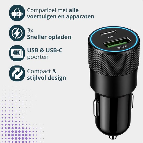 4-in-1 intrekbare autolader, 69W USB-C snelle autolader, voor iPhone 17/16/ 15/14/13/12/11, sigarettenaansteker oplader (zwart, Light-ning USB-C