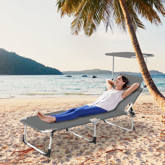 Zonneligstoel met dak, tuinstoel, outdoor ligstoel met hoofdkussen, strandstoel, inklapbaar, verstelbare rugleuning, zonwering tot 100 kg, voor strand, camping, balkon, terras, antraciet — afbeelding 4