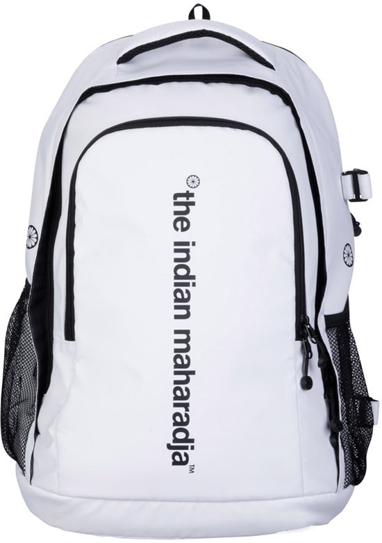 Witte rugzak met zwarte accenten en 'the indian maharadja' logo.