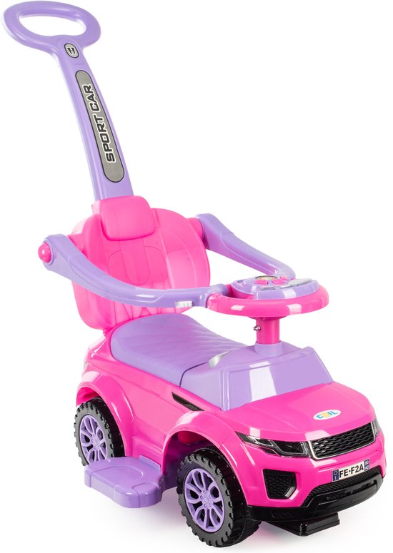 Voiturette rose avec barre de poussée, volant et siège violets. Logo "SPORT CAR" sur la barre.