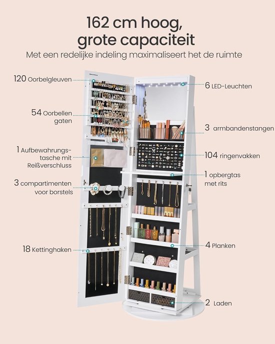 Witte spiegelkast met open deuren, 162cm hoog, vol met sieraden en make-up. LED verlichting.