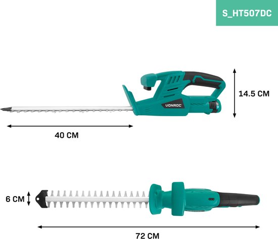 Turquoise heggenschaar met zwart handvat, 40 cm snijblad en 72 cm snijbreedte. Afmetingen 14,5 cm hoog en 6 cm breed.