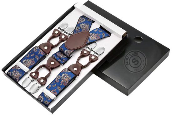 Koningsblauwe bretels met paisley-patroon, donkerbruine lederen details en clips, in een geschenkverpakking.