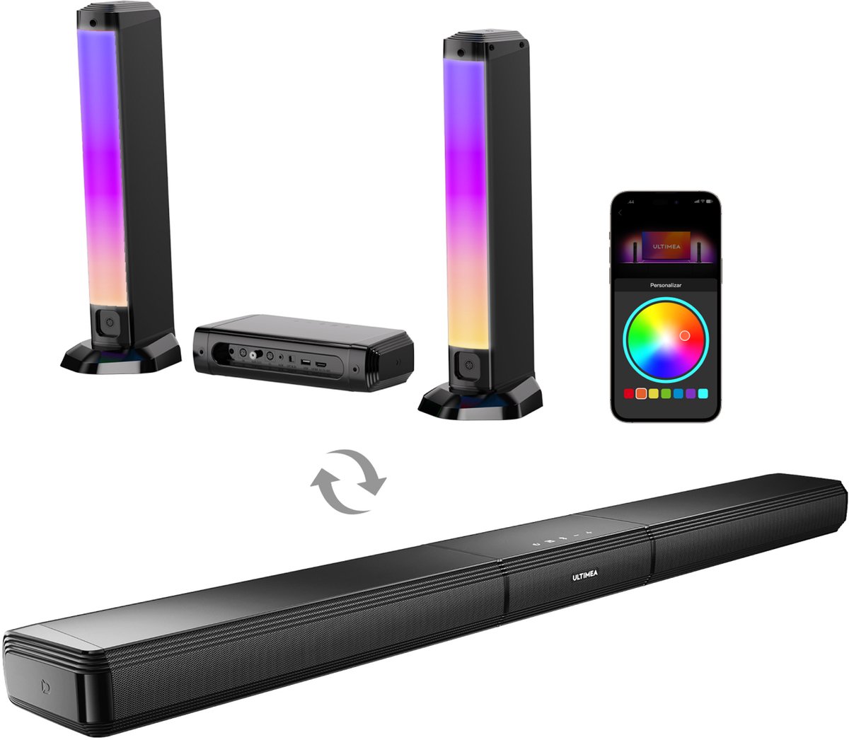 ULTIMEA 5.0-kanaals Soundbar met RGB-verlichting voor Home Cinema, Afneembare PC Soundbar met App-besturing, Geluidssysteem met Verstelbare EQ