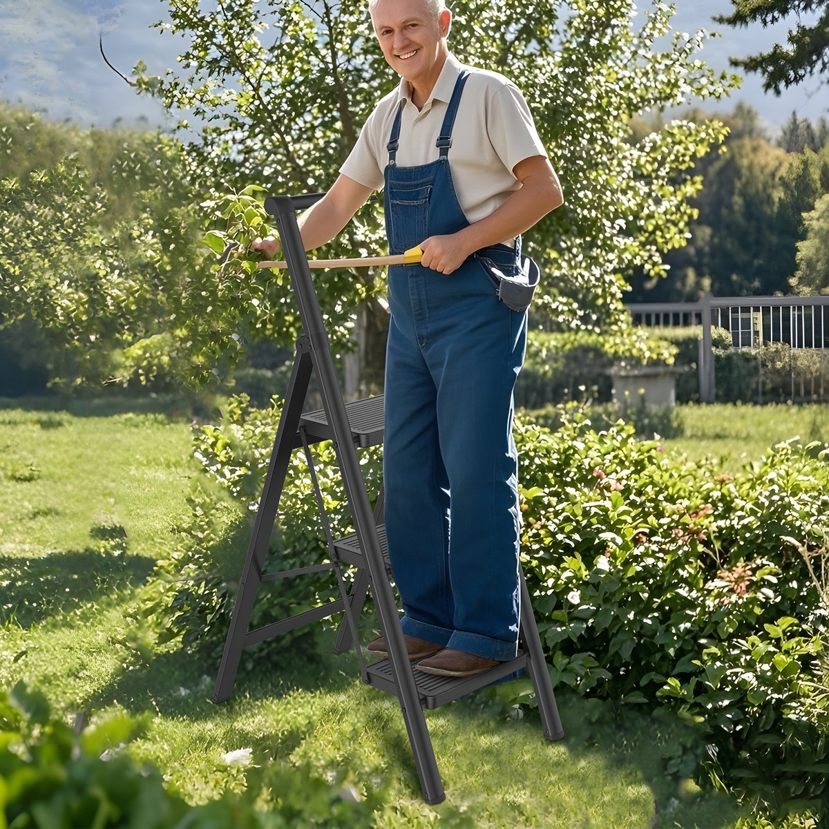 NAIZY Trapladder 3 Treden Inklapbare Ladder Vouwladder, Huishoudladder, Opstapje met Leuningen & 30x20cm Brede Treeplank tot 250KG Belastbaar, Zwart – foto 8