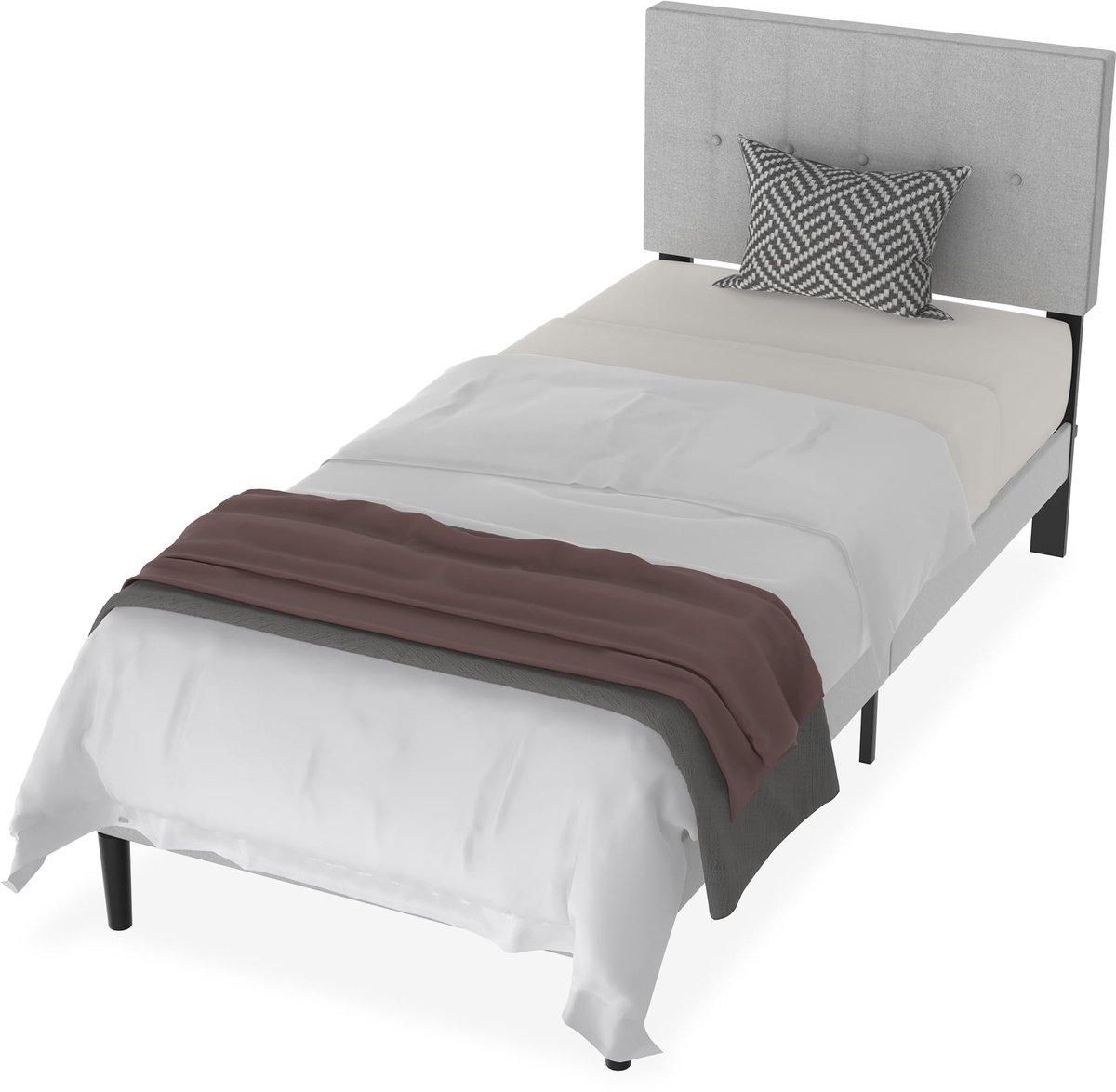 NAIZY bed frame 90x200 cm bed frame metaal bed met linnen hoofdeinde en lattenbodem jeugdbed logeerbed eenpersoonsbed voor slaapkamer logeerkamer, lichtgrijs