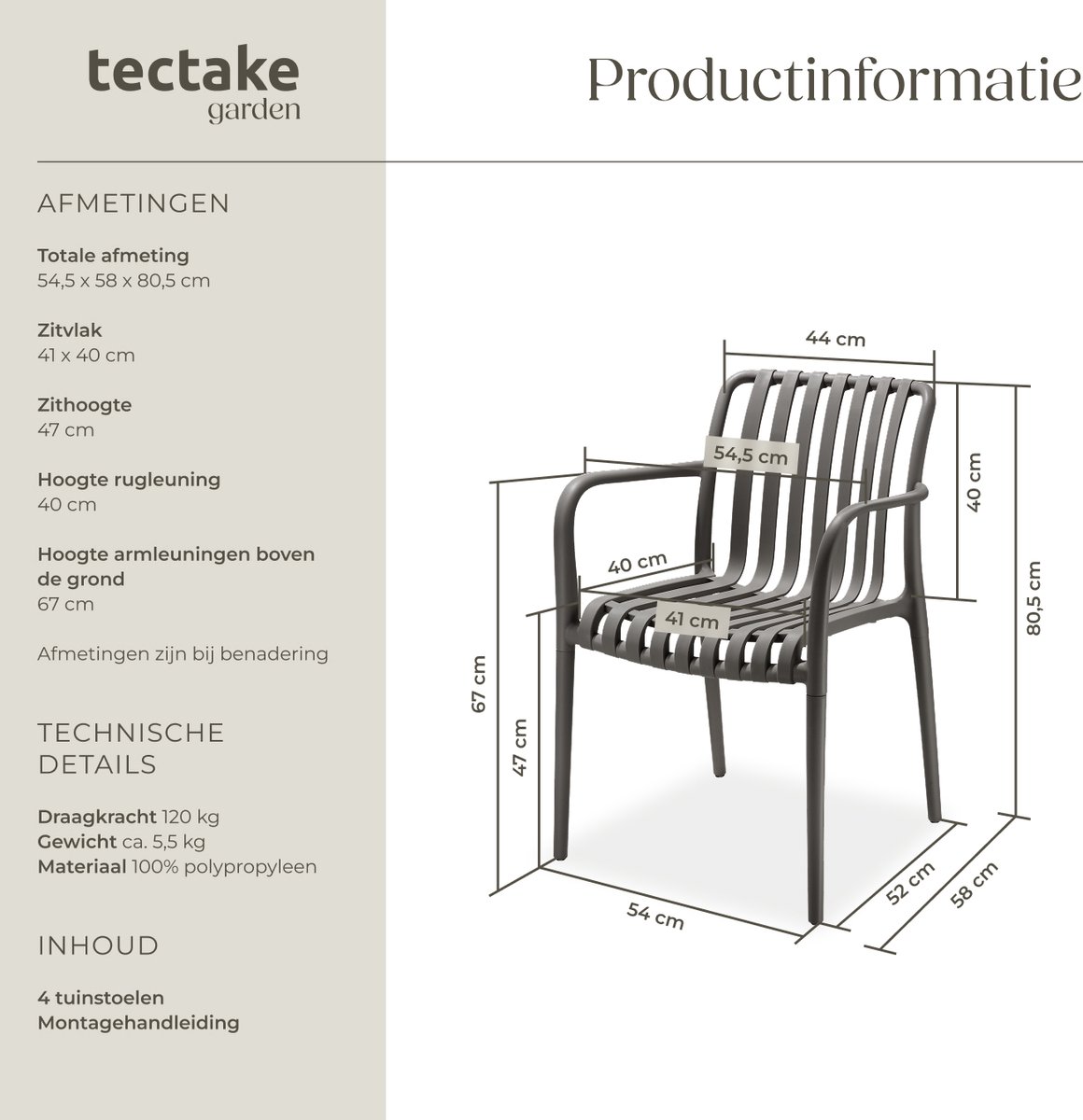 tectake® Set van 4 Tuinstoelen Alcudia - Antraciet - Kunststof Stoelen met Armleuning - Tuinset voor om de Tuintafel of op de Camping - Stapelbaar - Stoelen voor Tuin, Terras of Balkon - Weerbestendig en UV-bestendig - Draagkracht 120kg per Tuinstoel – foto 5