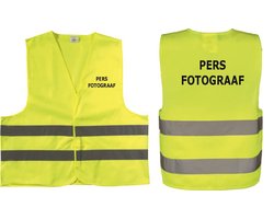 EIZOOK Veiligheidshesje - veiligheidsvest - PERS FOTOGRAAF - BEDRUKT voor en achterzijde Geel - EN ISO20471 -Specialties By Eizook