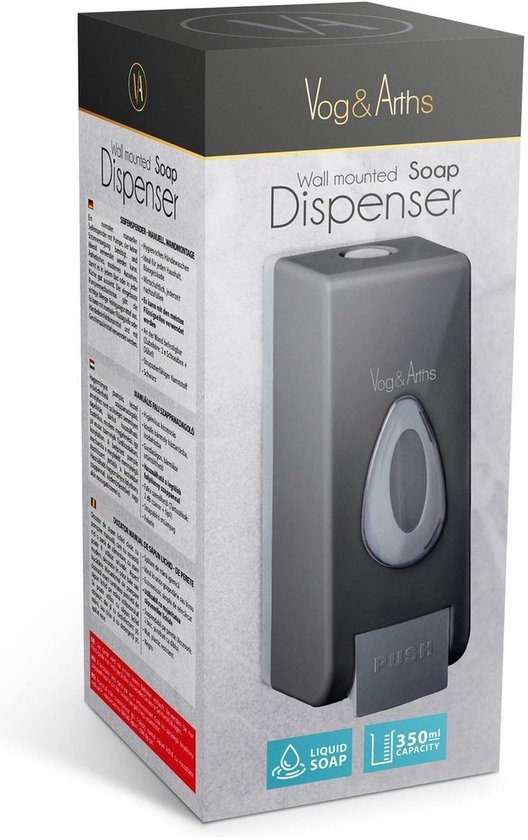 Verpakking van een zwarte wandzeepdispenser met grijze details en 'PUSH' bediening. Capaciteit 350ml.