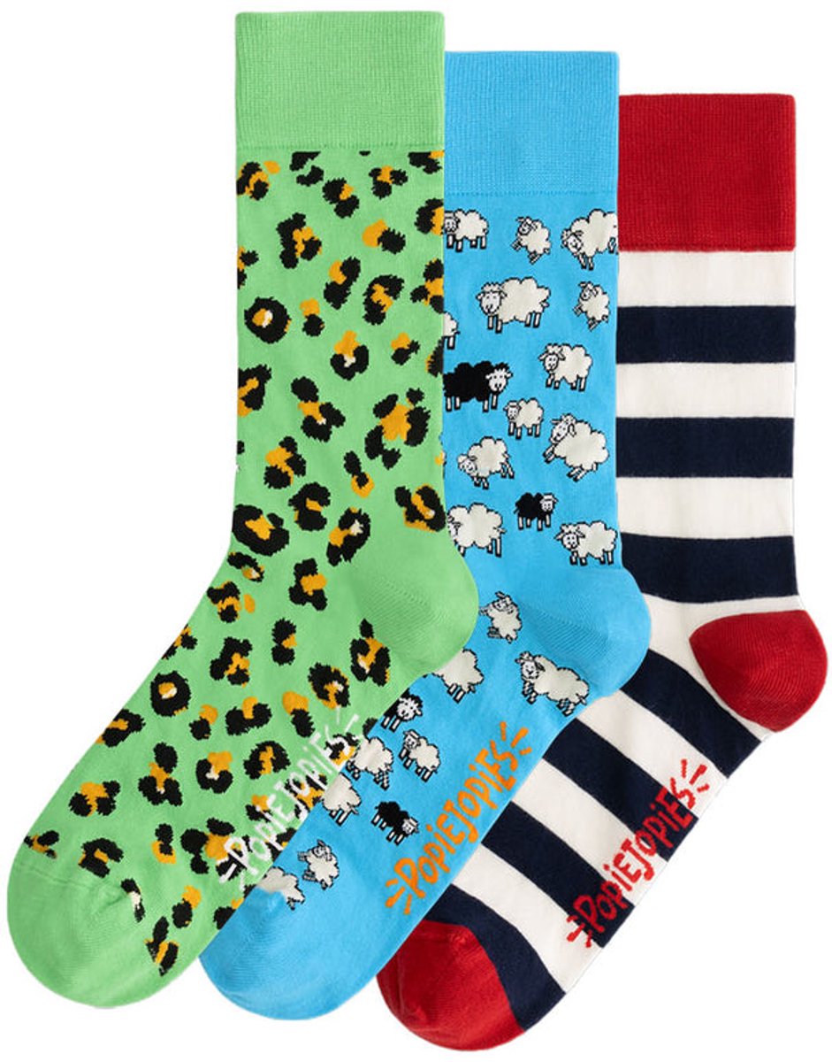 Popiejopies 3-pack Funky Original sokken - Maat 41-46 - uniseks | 3 prints sokken: panterprint, schapenprint, gestreepte sokken