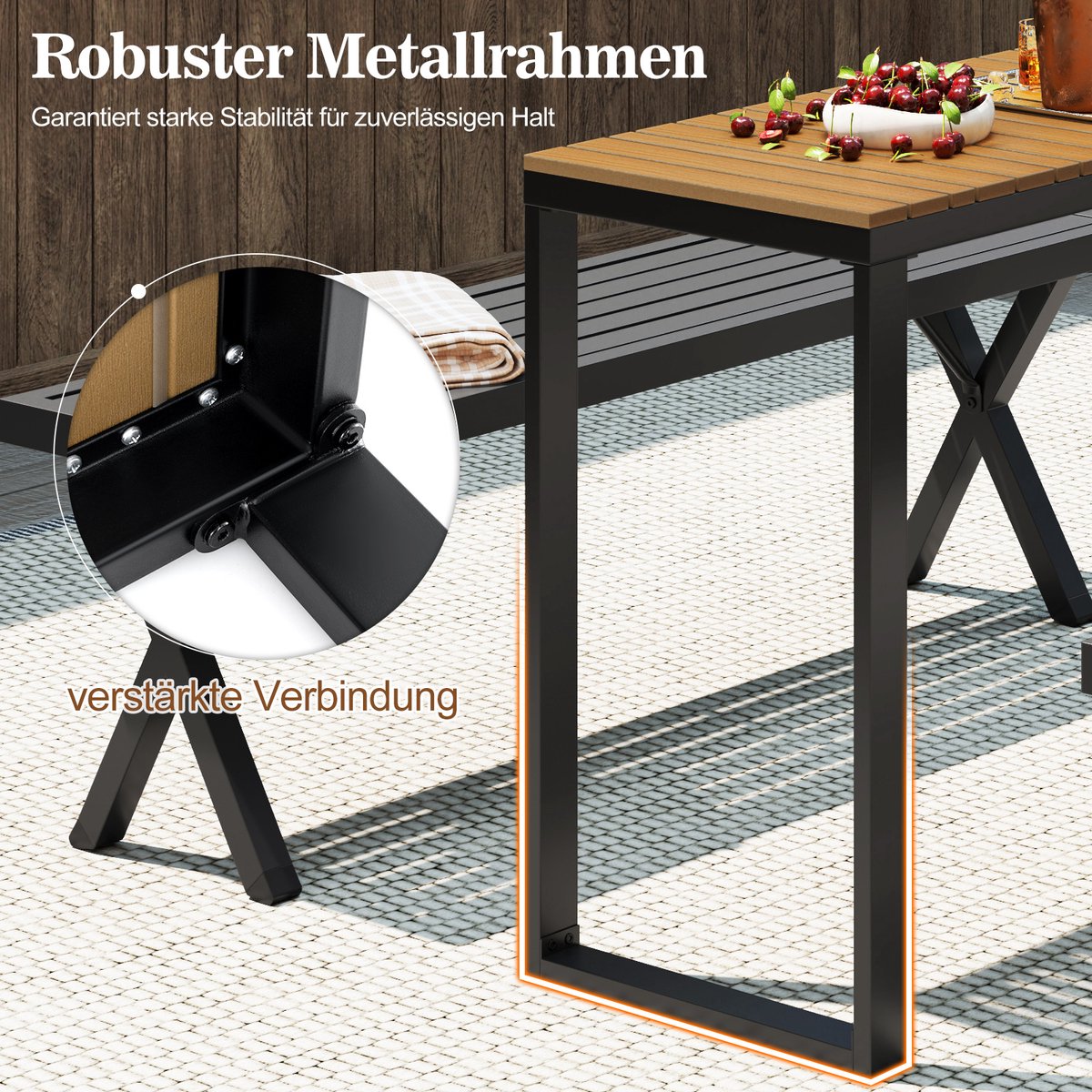 COSTWAY Tuintafel, weerbestendig, 129 x 42 cm, terrastafel met WPC-tafelblad en metalen frame, rechthoekige balkontafel, outdoor-eettafel voor balkon, terras, tuin thumbnail 2