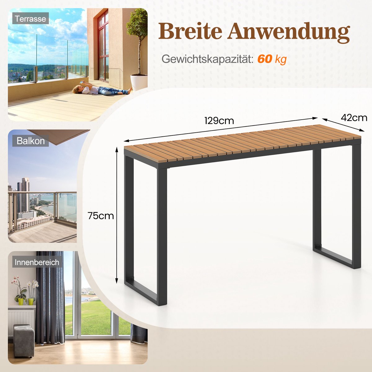 COSTWAY Tuintafel, weerbestendig, 129 x 42 cm, terrastafel met WPC-tafelblad en metalen frame, rechthoekige balkontafel, outdoor-eettafel voor balkon, terras, tuin thumbnail 5