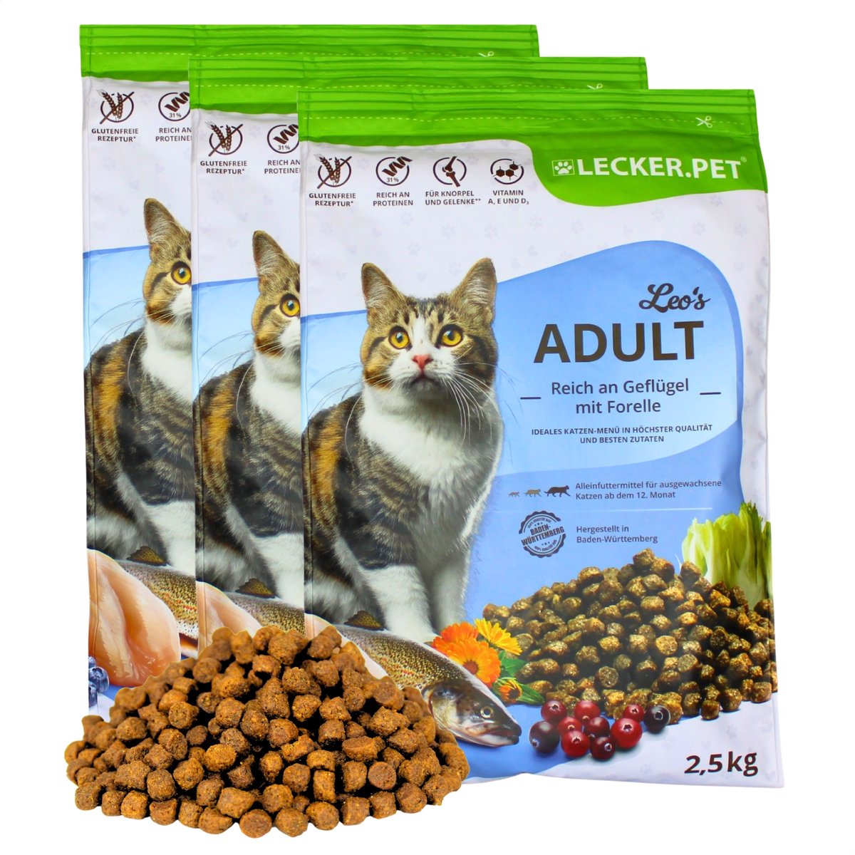 Lyra Pet 7.5 kg Lecker.Pet® Leo's Adult Gevogelte & Forel droog kattenvoer compleet voer