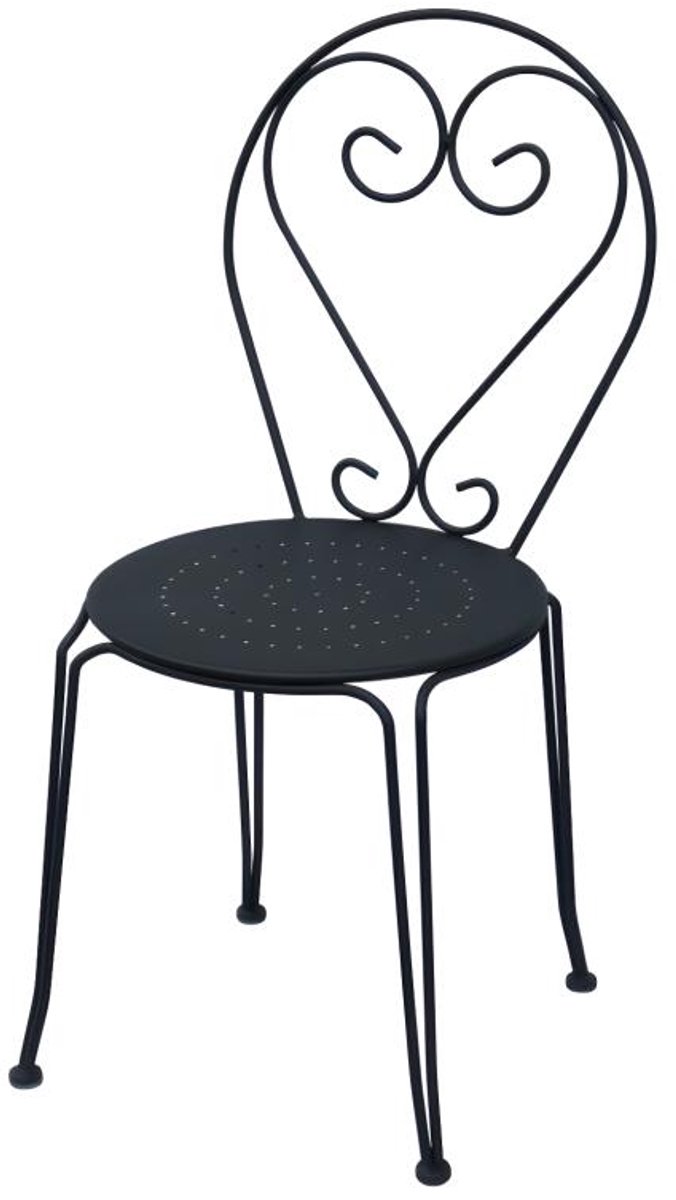 Set van 4 metalen tuinstoelen in antraciet met smeedijzeren uitstraling.