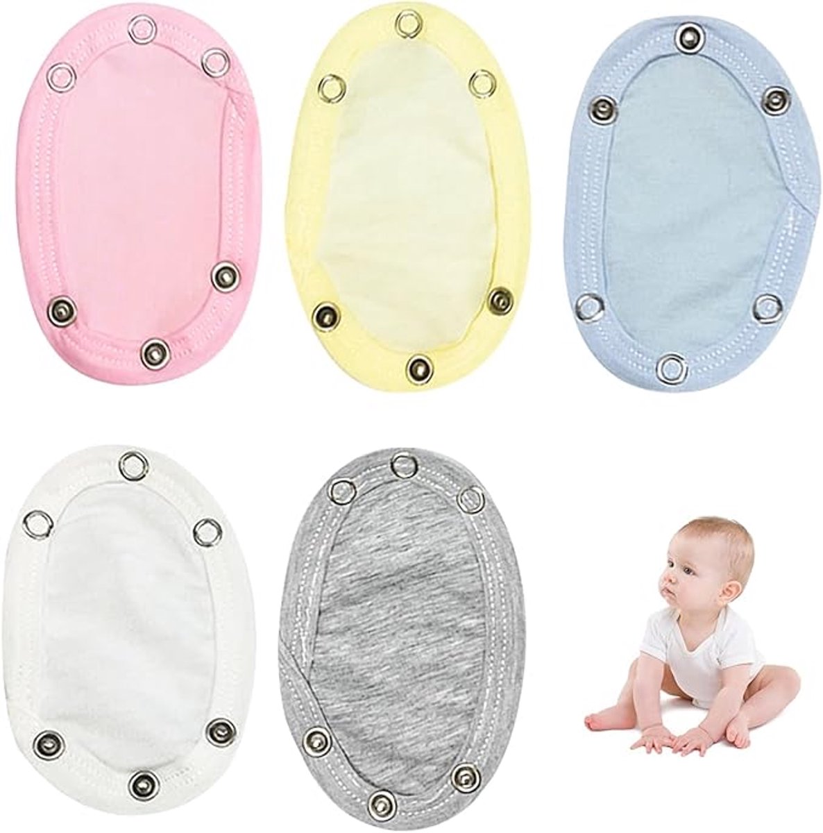 5 stuks Romperverlenger - Unisex Baby Rompertje Extender - Baby Romper Verlengstuk Bodysuit - Vestverlenging - 13x9 cm - Knoopdiameter ongeveer 9 mm - babykleding extensions: vest, bodysuit, onesie, kruis - Dubbellaags katoen voor pasgeborenen