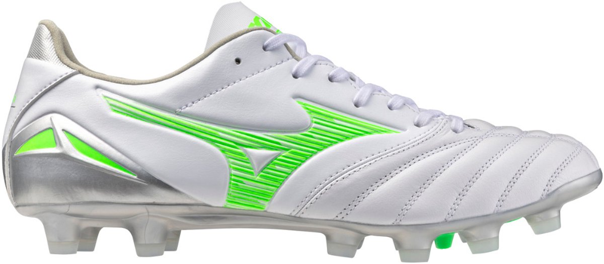 Mizuno Morelia Neo IV Pro voetbalschoenen in wit met groene accenten, EU 42 1/2, met K-Leather voor barefoot-gevoel.