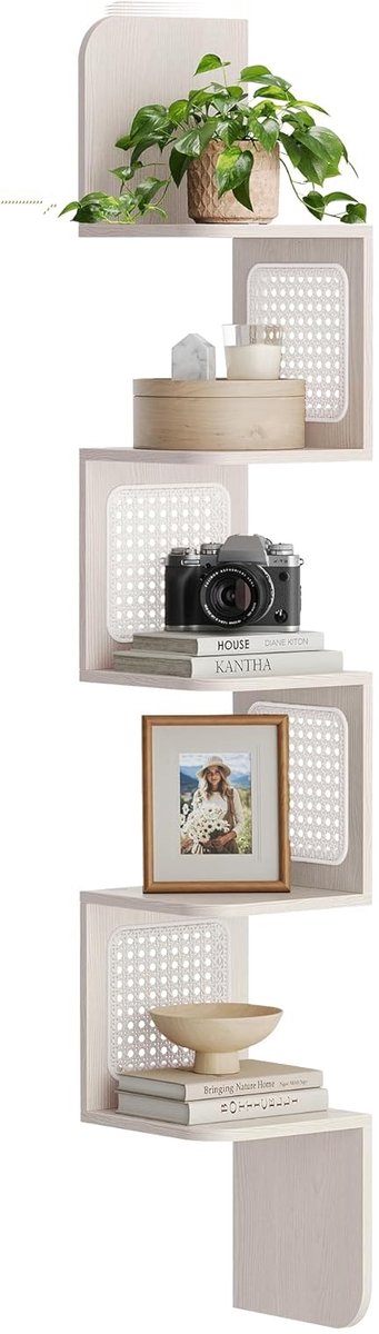 VASAGLE Hoekplank, 5-laags zwevende wandplank, zigzag hoekplank, PVC rotan zijkanten, ruimtebesparend, voor keuken, slaapkamer, woonkamer, boho-stijl, havermoutbeige