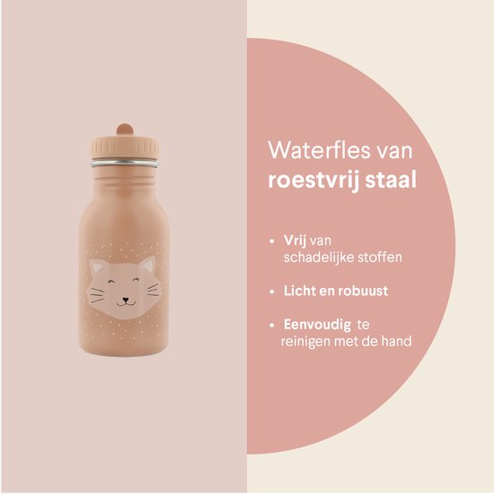 Roze RVS waterfles met kattenopdruk, met tekst 'Waterfles van roestvrij staal'.