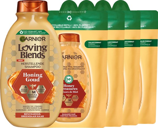 Garnier Loving Blends Honing Goud Shampoo & Refill - Voor beschadigd en breekbaar haar - Vermindert haarbreuk en gespleten punten - Hervulbaar - Navul verpakking -5x 250ml