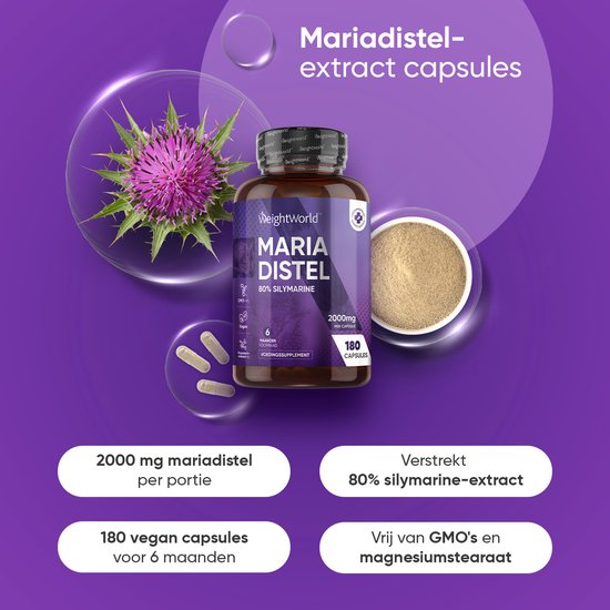 Bruine pot met 180 mariadistel capsules, met 2000 mg mariadistel per portie en 80% silymarine-extract. GMO-vrij, vegan.