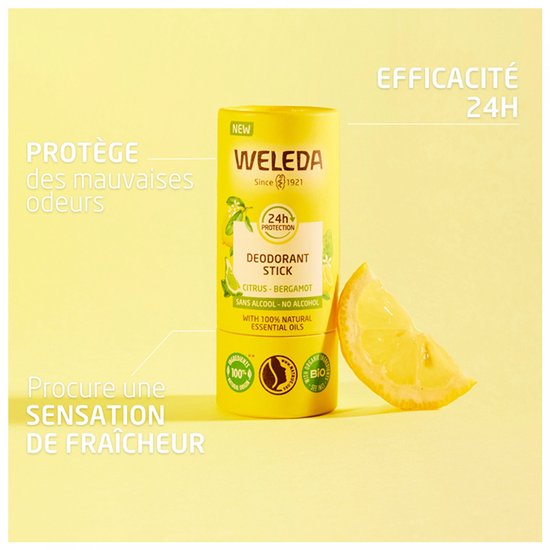 Gele deodorantstick met citrus en bergamot, met 'NEW' en '24h PROTECTION' logo. Naast de stick ligt een schijfje citroen.