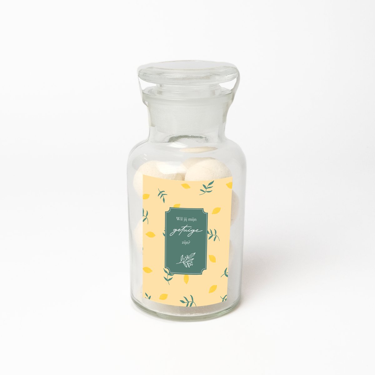Apothekersfles - Bruisballen - Ontspanning - Getuige vragen - Wil jij mijn getuige zijn - Getuige vragen cadeau - Lemon botanical design