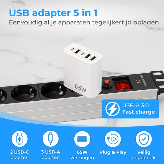 Nuvance - Adaptateur USB - 5 Portes - Prise USB - Chargeur USB - Convient à tout câble USB