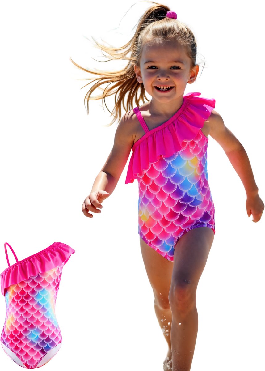 Joya Kids® Mermaid Badpak Roze Meisjes | Zeemeermin Zwempak met ruches Hard Roze | Zwempak One Shoulder Kind | Meisje Bikini Zomer | Maat 140