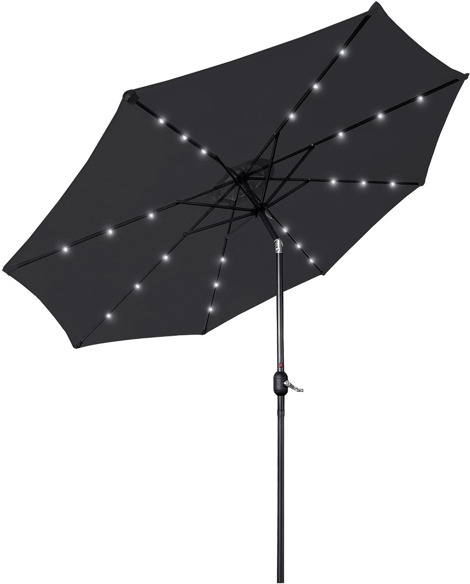 Grote donkergrijze parasol van Aufun met LED-verlichting en zwengelmechanisme voor tuin en terras.