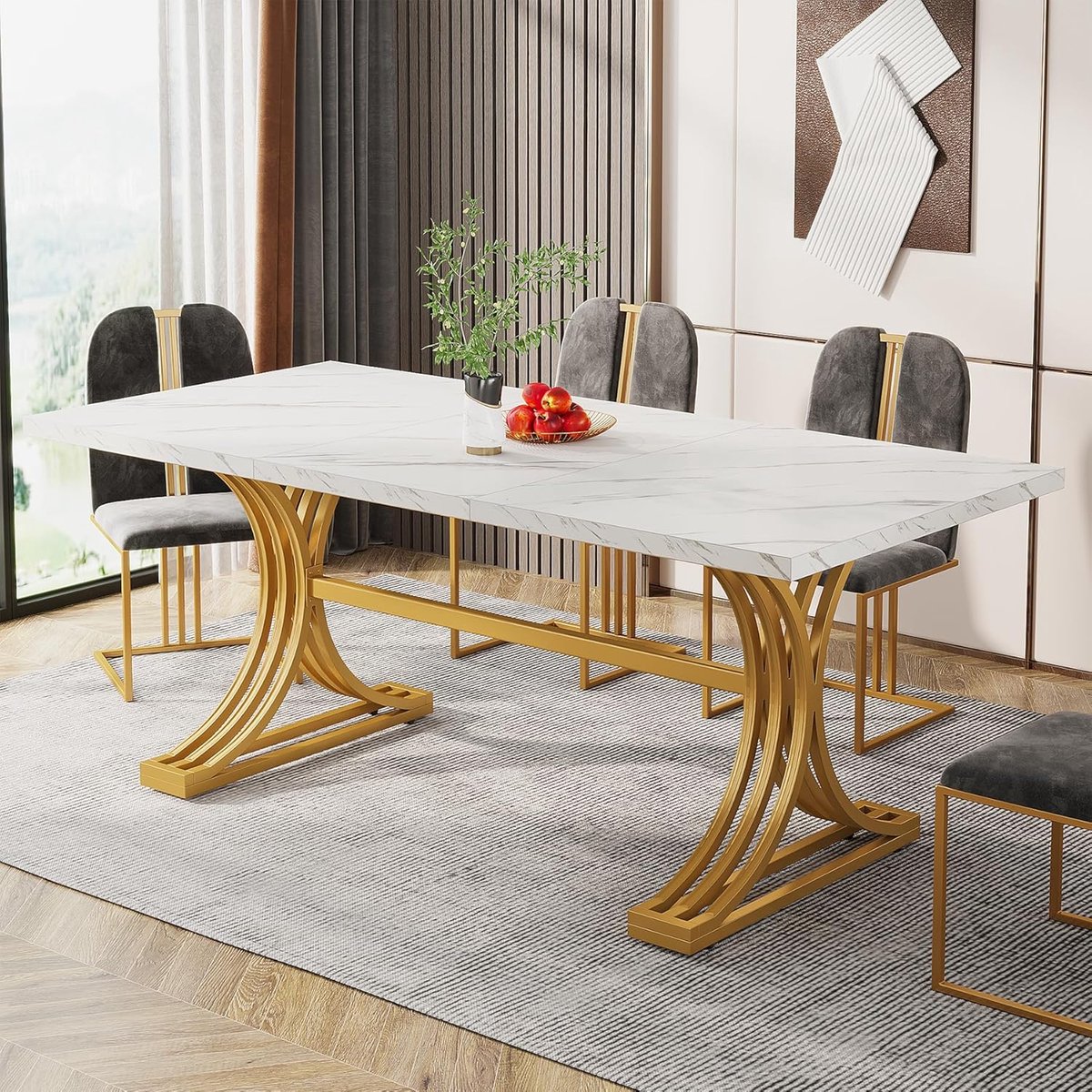 Tribesigns Eettafel - Keukentafel - 160 x 80 x 75 cm - Eetkamertafel Voor 6 Personen - met Stevige Metalen Poten - Modern Design - Wit en Goud