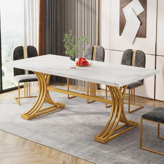 Table à manger TRIBESIGNS - Table de cuisine - 160 x 80 x 75 cm - Table à manger pour 6 personnes - Pieds en métal robustes - Design moderne - Wit et or