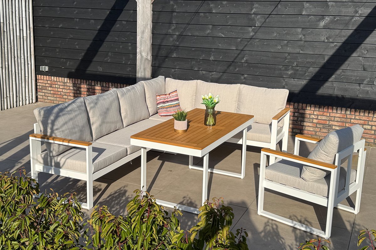 Loungeset Cube Diningset Wit Hoekbank Verstelbaar Aluminium/Hout - 22380W