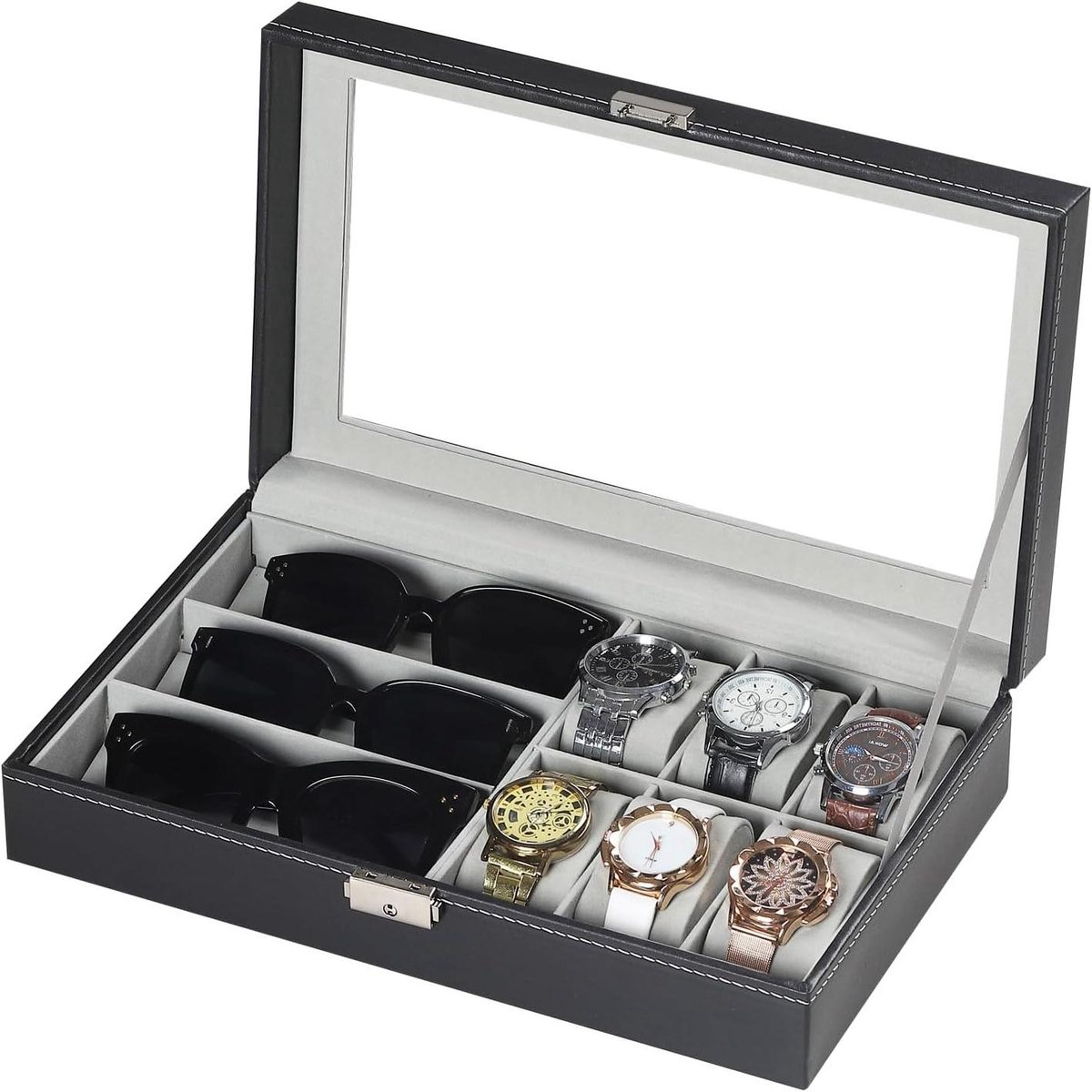Juwelendoosje en horlogedoosje voor 6 horloges en 3 brillen met glazen venster, metalen slot, pu-lederen afwerking in zwart - AW-004