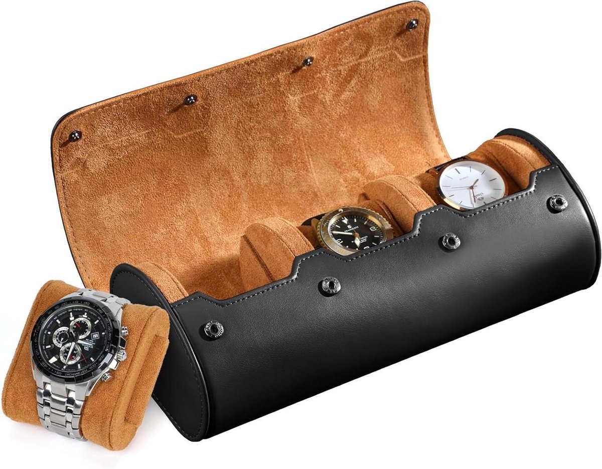 Roll Horloge Doos - Reizen Case voor 3 Horloges (Zwart)