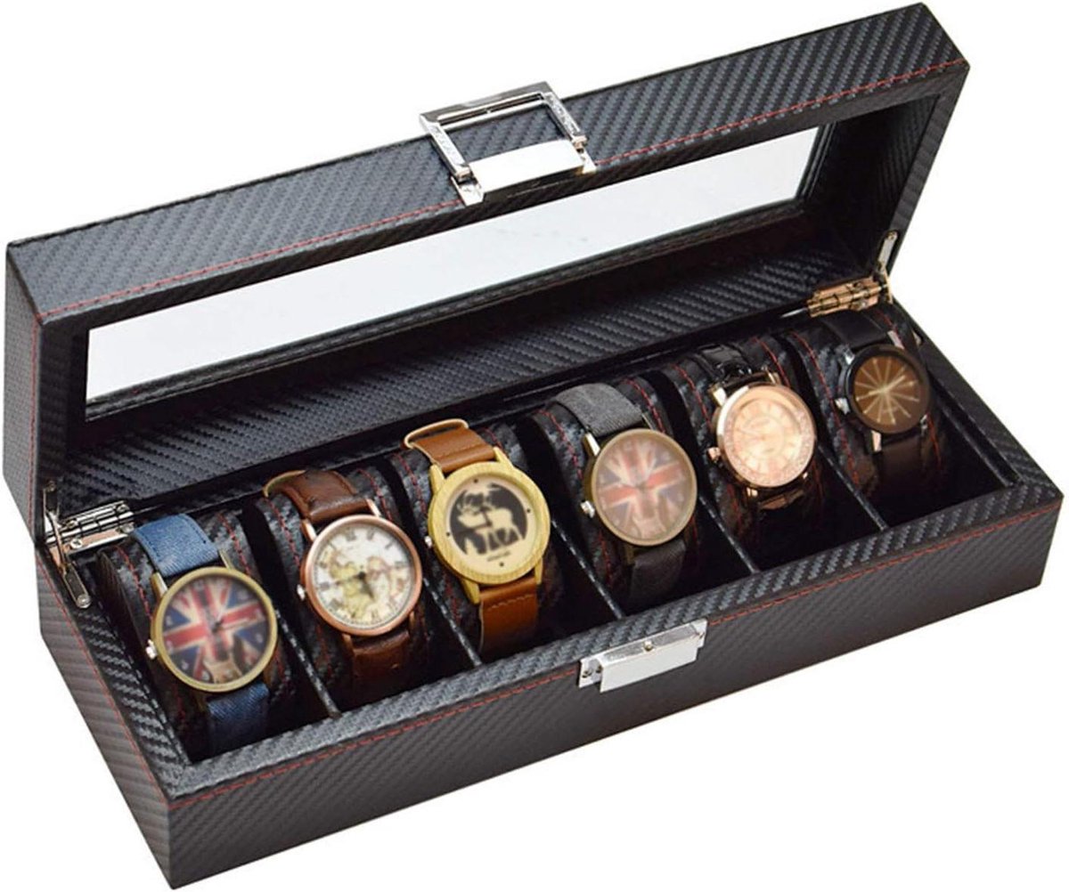 Opbergdoos voor 6 horloges met glazen deksel in lederen koolstofvezel - Sieraden armband collectie organizer