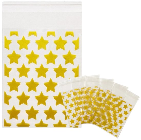 Transparante zakjes van 10x8 cm met gouden sterren, met een stapel losse zakjes ernaast.