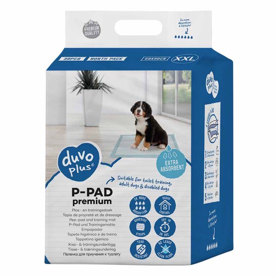 Doos van Duvo+ P-PAD premium XXL trainingsmatten, met een puppy op de voorkant.