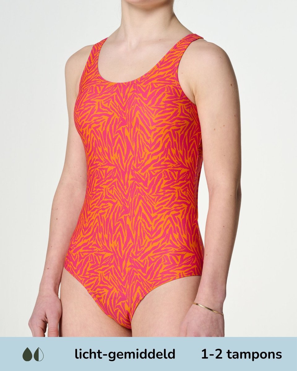 Moodies menstruatie zwemkleding tiener - Badpak - licht - gemiddeld kruisje - maat XXS (140/146) - Print Oranje