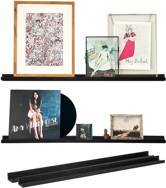 Zwarte wandplanken set 2 stuks - 99 cm - Wandplank zwevend (2x) - Wandplank hout - Fotoplank - Zwart gelakt - Met opzetrand - FSC Europees hout - Handgemaakt in Nederland