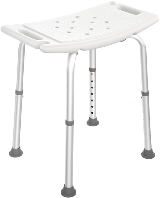 Tabouret de douche blanc avec pieds argentés réglables et assise incurvée.