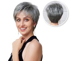 Grijze Pixie Pruik Pruiken Dames Echt Haar Grijs - Wig - Haarstuk - Synthetisch Haar & Echt Haar Mix