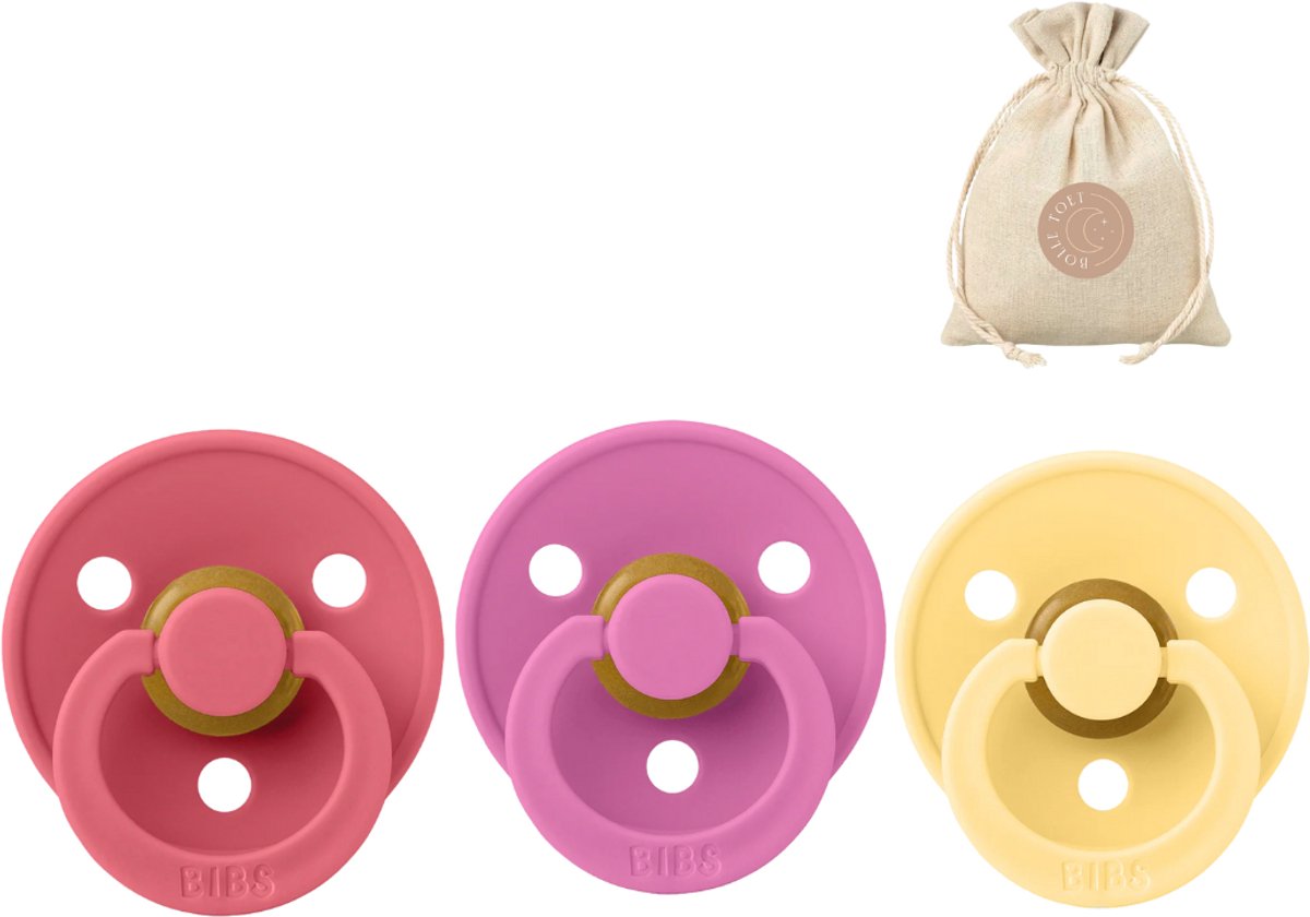 Image of 3 BIBS fopspenen maat 1 - Coral, Bubblegum en Pale Butter + BolleToet speenzakje