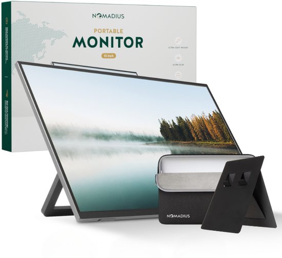 Nomadius® Portable Monitor + Sleeve - 13 Inch 2K - Ultra Lichtgewicht en Dun - Draagbare Monitor voor Laptop met Ingebouwde Kick-Stand - USB-C & HDMI - Extra scherm laptop - IPS Display - Draagbaar laptop beeldscherm uitbreider - Plug & Play