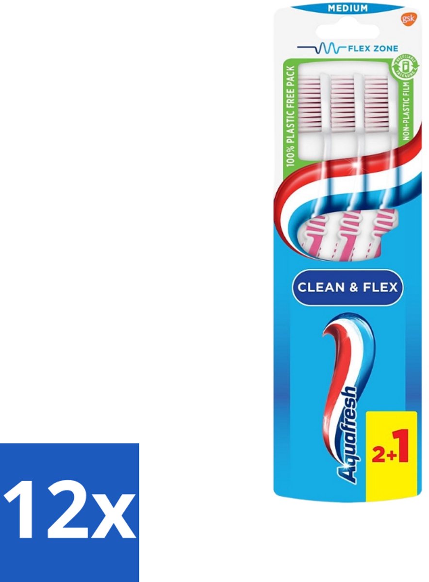 Aquafresh Tandenborstel Clean & Flex Medium 3 stuks per verpakking - Voordeelverpakking - 12 stuks