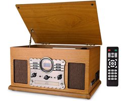 Platenspeler 7-in-1 met CD- en Cassettedeck – Vintage Houten Ontwerp – USB Speler – Niet-Bluetooth Vinyl Speler – Ingebouwde Stereo Speakers – USB Encryptie – 3,5mm AUX-Ingang