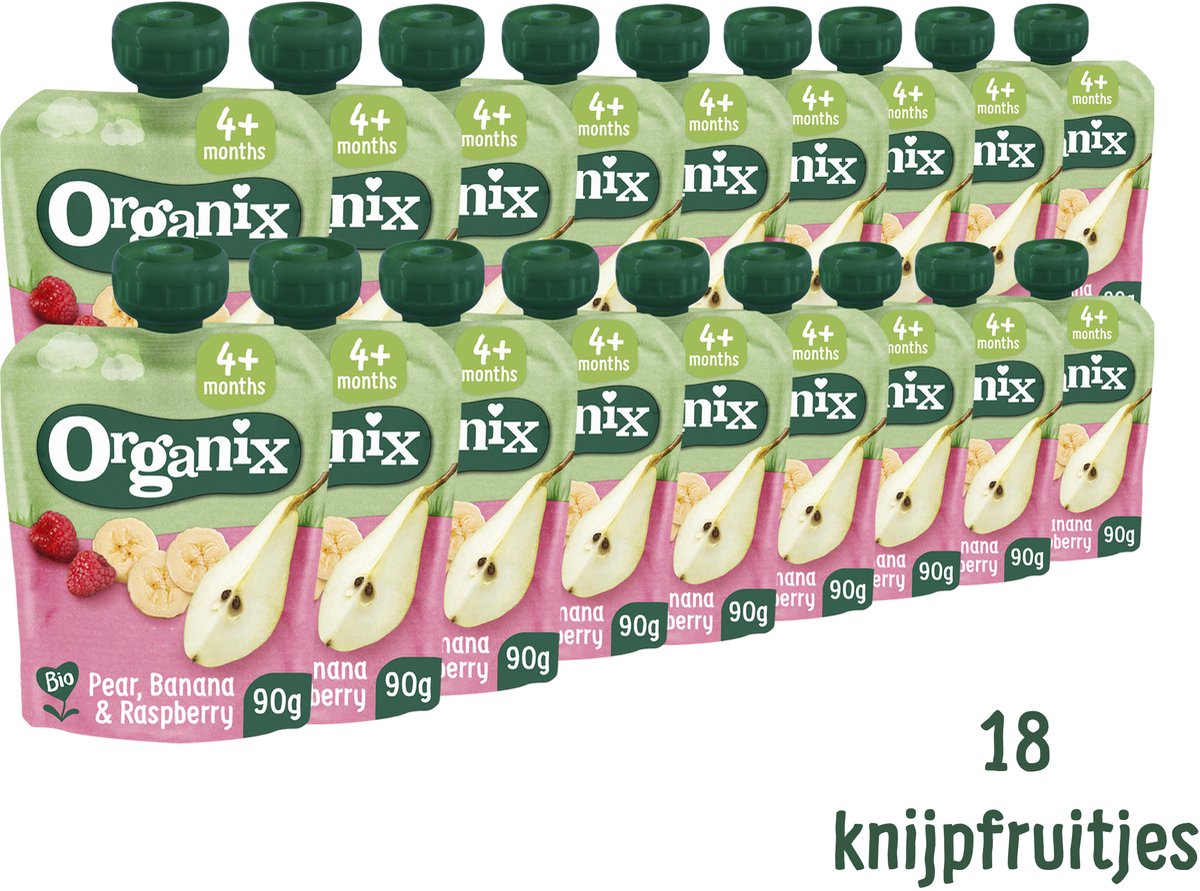 Goedkoopste Organix Knijpfruit 4 m Peer, Banaan & Framboos - Babymaaltijd - Knijpfruit - 18 x 90g