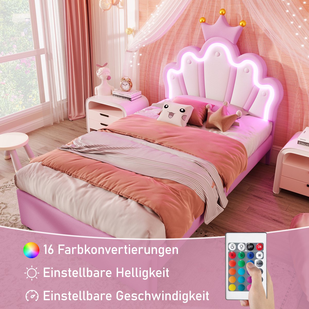 Kebnor Gestoffeerd bed, zonder matras, op afstand bestuurd sfeerlicht, bed met 2 laden, prinsessenbed in kroonvorm, verstelbaar hoofdeinde, PU (wit, 140 x 200 cm Kebnor Gestoffeerd bed, zonder matras, op afstand bestuurd sfeerlicht, bed met 2 laden, prinsessenbed in kroonvorm, verstelbaar hoofdeinde, PU (wit, 140 x 200 cm